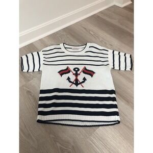 VTG Classic Directions Nautical White Stripe Anchor Sweater Small Preppy Coastal